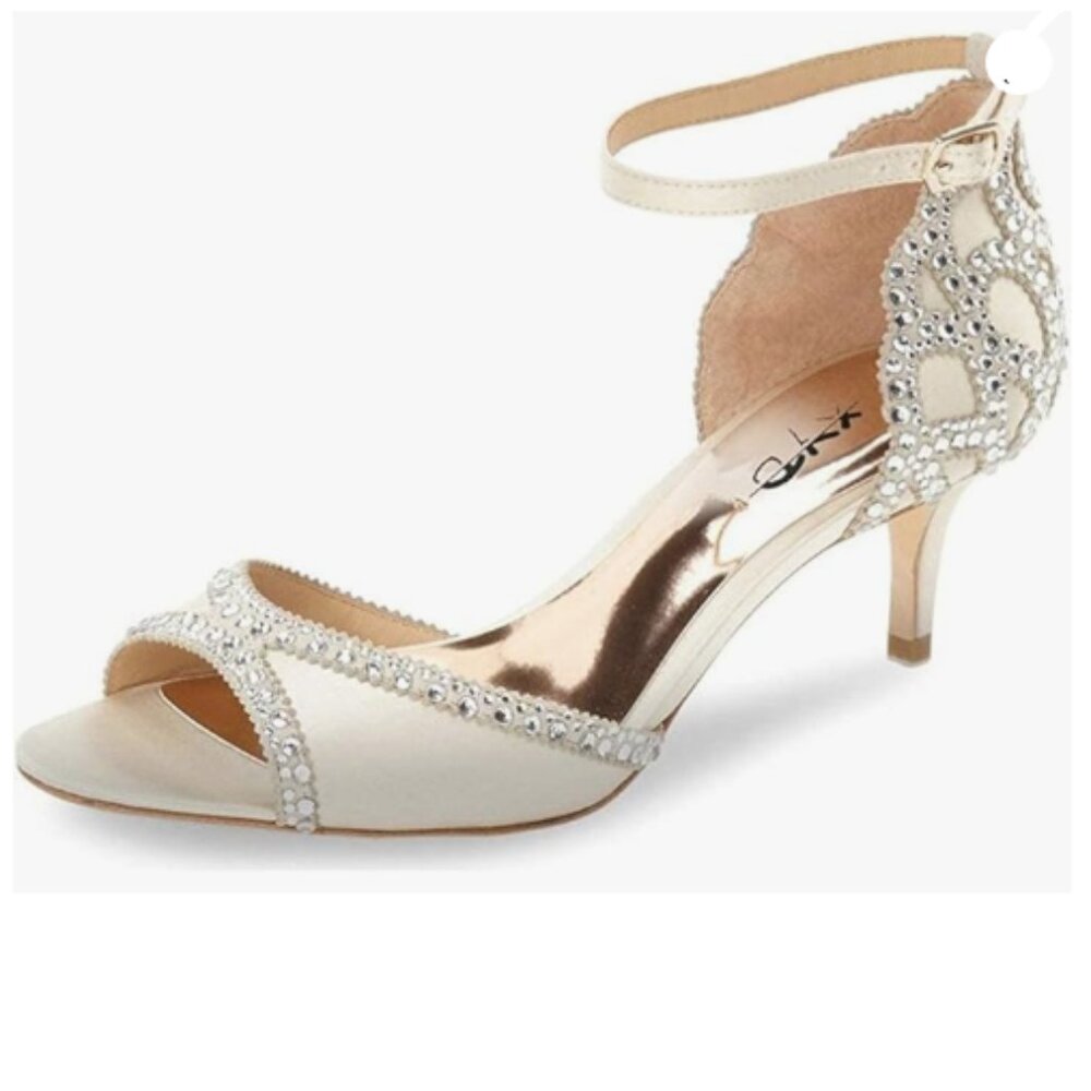 XYD Ivory Open Toe Rhinestones Ankle Strap Sandals Low Heel Bridal Evening Shoes